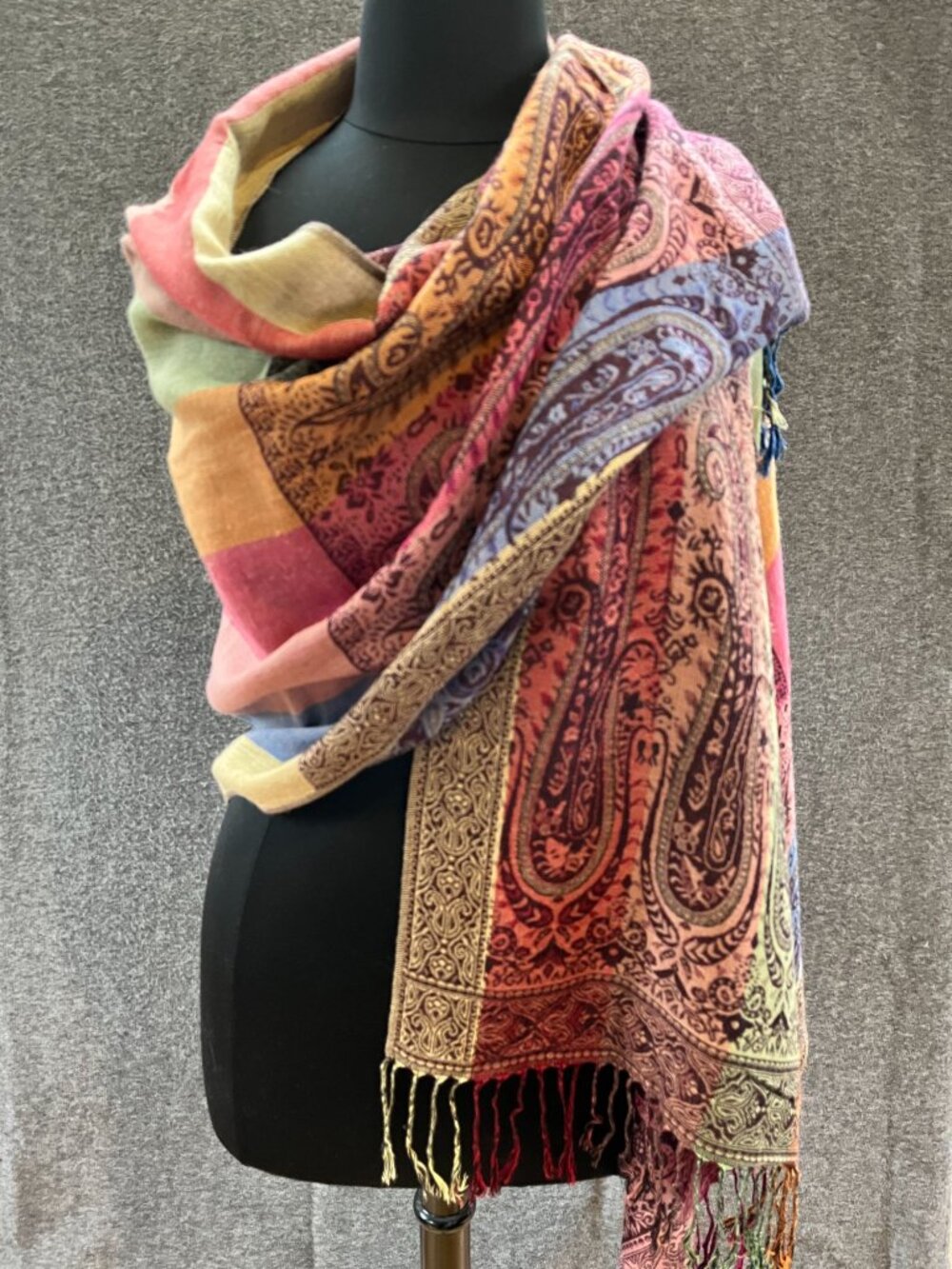 28x72 Pashmina brand 100% cashmere shoulder wrap drape scarf maroon rainbow pink